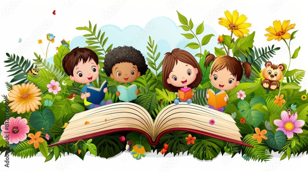 Enchanting Illustration of Diverse Children Reading Together in a Lush Flower Garden Surrounded by Playful Wildlife. Enchanting Illustration of Diverse Children Reading Together in a Lush Flower Garden Surrounded by Playful Wildlife.