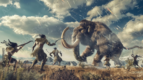Prehistoric battle unfolds with primitive hunters challenging a towering mammoth.