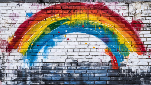 Pop art comic street graffiti with a rainbow on a brick wall. Creative poster