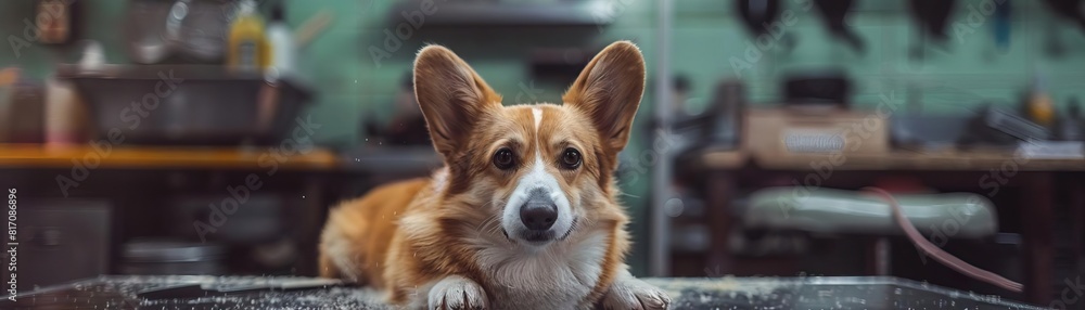 A little corgi dog, cute, in the pet beauty shop, shearing, documentary photography A little corgi dog, cute, in the pet beauty shop, shearing, documentary photography