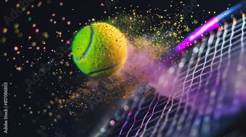 Tennis ball exploding with vibrant dust as it makes contact with the racquet. © VK Studio