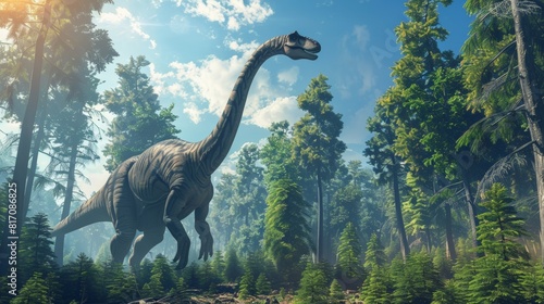 Diplodocus walking through forest with blue sky and sunlight. Tall trees surrounding majestic dinosaur with long neck and detailed skin texture. Prehistoric landscape full of life.