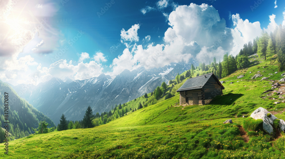 Secluded alpine hut on a lush hillside under the vast sky offers a peaceful escape.