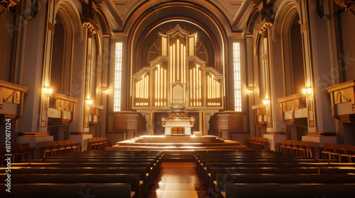 Majestic pipe organ commands attention in a grand, well-lit concert hall. photo