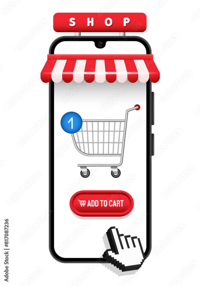 Online store. Smartphone with a striped awning and website interface. Vector 3D illustration isolated on white background. Online store. Smartphone with a striped awning and website interface. Vector 3D illustration isolated on white background.