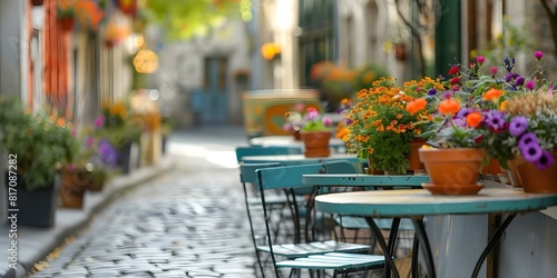 Charming European Street Cafe: Cozy Atmosphere with Tables and Flowers. Concept European vibes, cozy cafe, street atmosphere, floral decor, charming ambiance