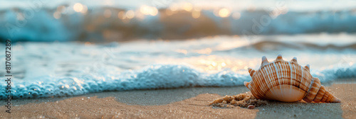 Seashell on sandy beach with ocean wave in background banner. Panoramic web header. Wide screen wallpaper