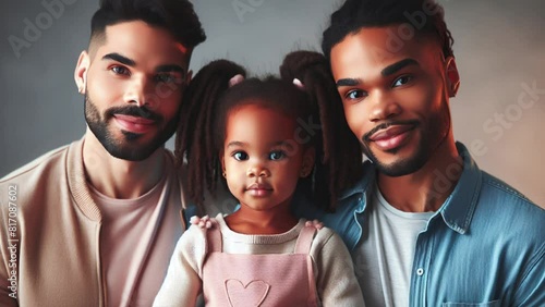 Familia gay homoparental con su hija. Papás homosexuales son su hija racializada. photo