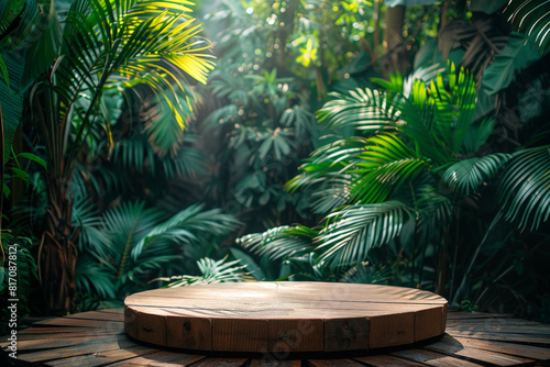 A round wooden table placed in the heart of a lush tropical jungle surrounded by dense foliage and vibrant greenery