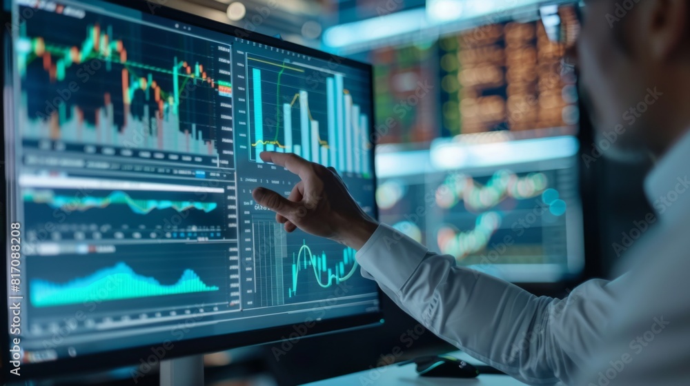 Financial analyst studying a complex graph on a computer monitor, with financial data in the background