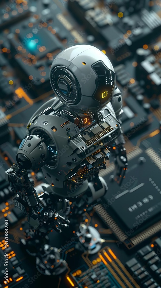 Illustration of a computer chip icon transforming into a robot, illustrating the connection between AI and electronic components Illustration of a computer chip icon transforming into a robot, illustrating the connection between AI and electronic components