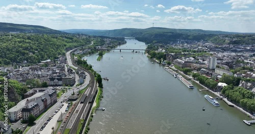 Aerial drone view of the Rhine River and Pfaffendorfer Brucke at Koblenz, Germany. photo