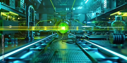 Yellow highenergy lasers in a physics lab, front view, cuttingedge research, Scifi tone, Analogous Color Scheme photo