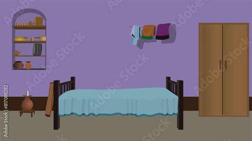 Village room inside cartoon background , bedroom interior vector illustration