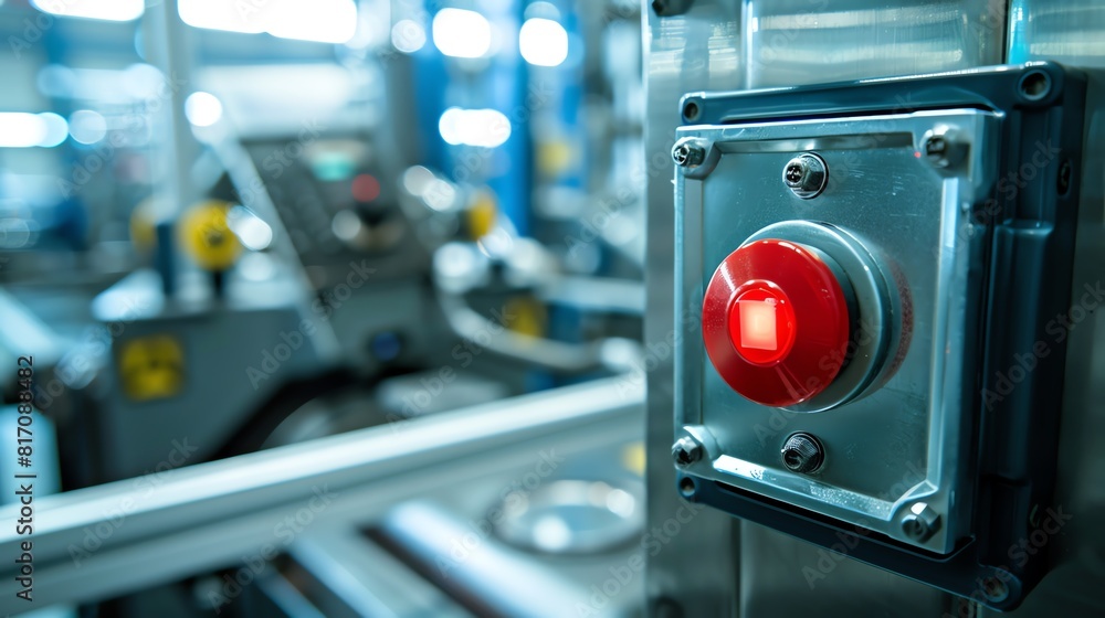 Close up of an emergency stop button in a factory, top view, ensuring ...