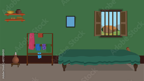 Village room inside vector, poor mud house room interior cartoon background illustration