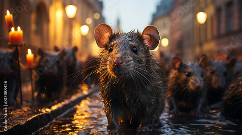 a lot of rats on the city street, the concept of deratization and disinsection in cities.  photo