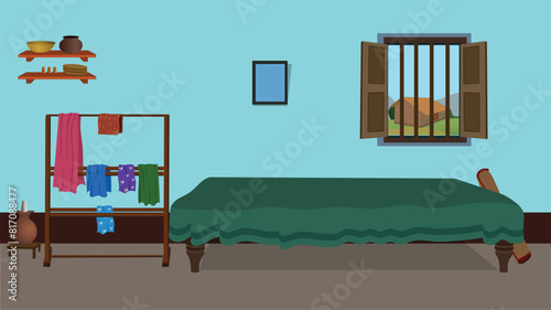 Village room inside vector artwork poor room interior illustration, Indian rural house bedroom indoor design