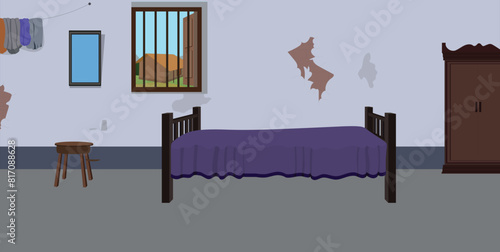 Illustration of Indian village house interior vector art, bedroom interior design for cartoon animation