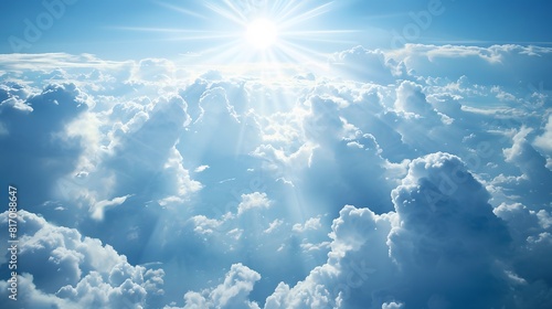 Light from heaven, blue planet Earth in white clouds, bright sunlight from above.