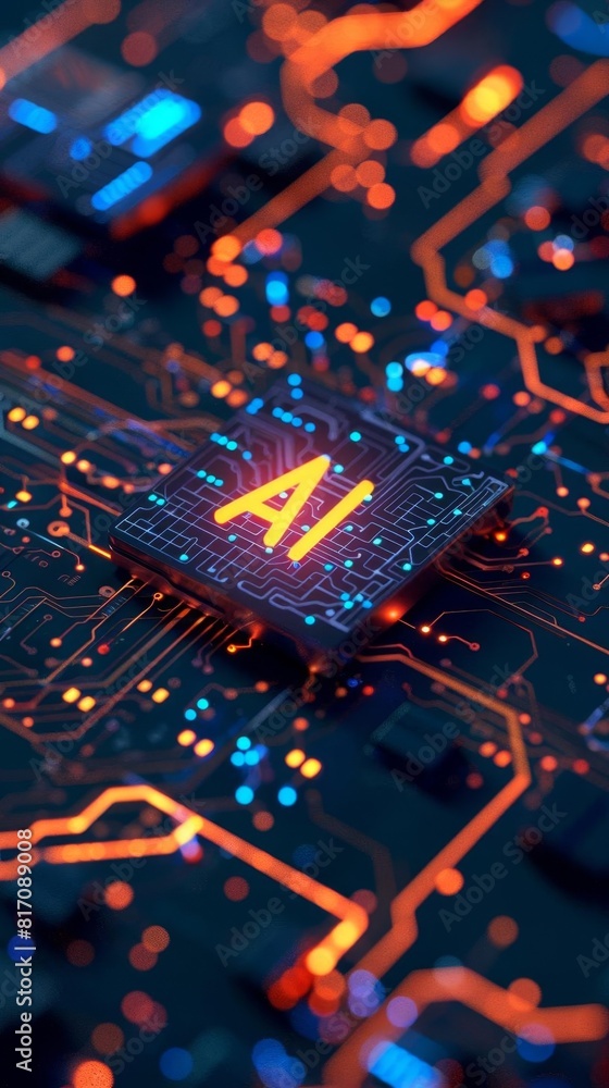 Photo of a glowing AI icon hovering above a digital circuit, symbolizing the futuristic capabilities of artificial intelligence Photo of a glowing AI icon hovering above a digital circuit, symbolizing the futuristic capabilities of artificial intelligence