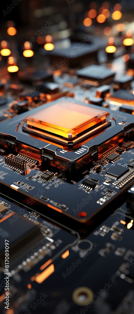 Quantum processor chip at a technology expo, side view, showcasing innovation, vibrant orange and black, digital binary as object, Analogous Color Scheme Quantum processor chip at a technology expo, side view, showcasing innovation, vibrant orange and black, digital binary as object, Analogous Color Scheme