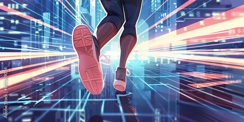 A netrunner runs through the digital realm, their feet barely touching the ground as they race towards the next connection