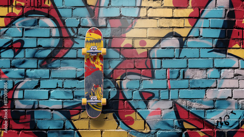 Pop art comic street graffiti with a skateboard on a brick wall. Creative poster