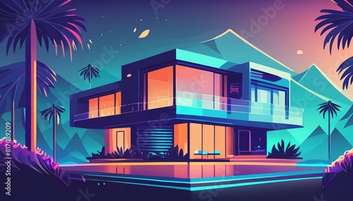 Modern Contemporary House. Vector look. Cyberpunk 