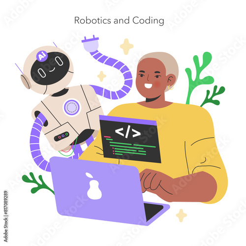 Maker Culture concept A man with a robot illustrates the future of coding and robotics, a blend of technology and human innovation Education meets AI Vector illustration