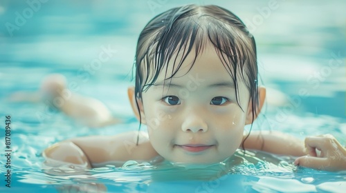 Cute Asian child playing in swimming pool