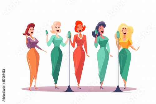 Simple siren singers on talent shows flat design front view voices of legend theme cartoon drawing Tetradic color scheme photo