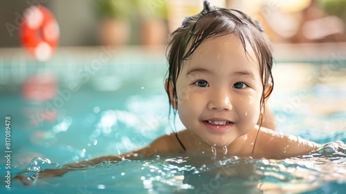Cute Asian child playing in swimming pool