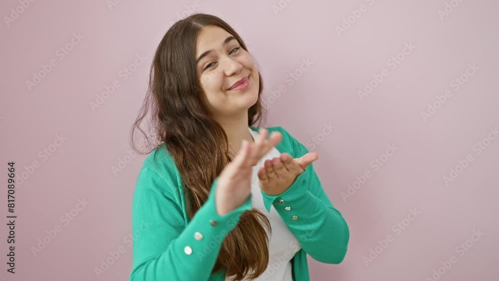 Cheeky young hispanic woman confidently portrays money gesture, demanding salary payment, standing isolated over vibrant pink background, signaling business success Cheeky young hispanic woman confidently portrays money gesture, demanding salary payment, standing isolated over vibrant pink background, signaling business success