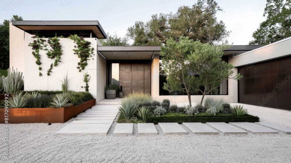 Front yard of a minimalist-style house with a gravel driveway, minimal landscaping, and geometric planters. Front yard of a minimalist-style house with a gravel driveway, minimal landscaping, and geometric planters.
