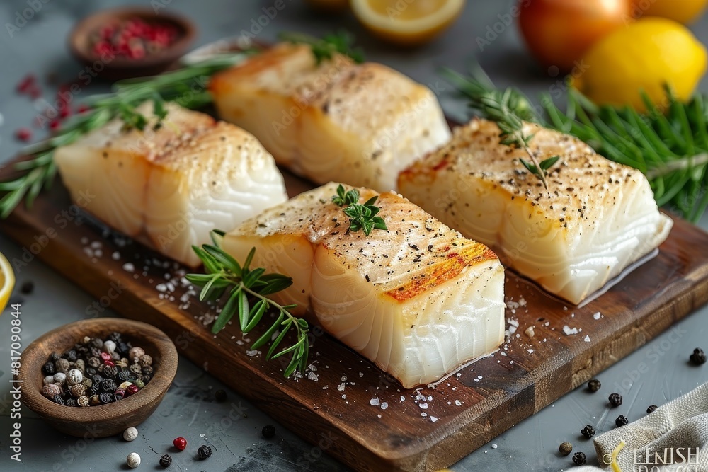 Cod fish fillets arranged on a cutting board, suitable for cooking tutorials. Cod fish fillets arranged on a cutting board, suitable for cooking tutorials.