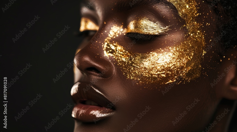 Elegant Close-Up Portrait of Model with Gold Leaf Makeup Against Matte Black Background Elegant Close-Up Portrait of Model with Gold Leaf Makeup Against Matte Black Background