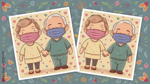 Two cards featuring an adorable illustration of an elderly couple holding hands and wearing masks, on a patterned background with floral elements. elderly care and safety content.