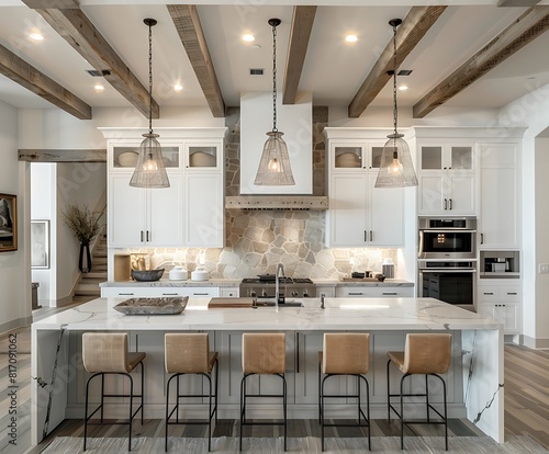 A large  open concept kitchen with an island and barstools in the center  featuring white cabinets  