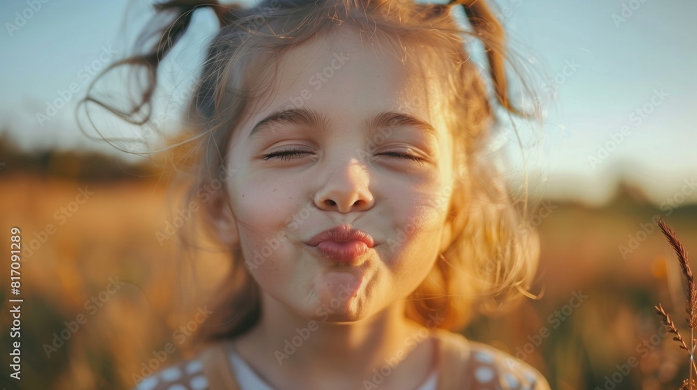A young girl is playfully making faces while standing in a field, sending an air kiss A young girl is playfully making faces while standing in a field, sending an air kiss