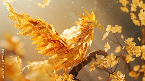 Majestic Origami Phoenix in Golden Splendor Embodying Elegance and Traditional Generative ai