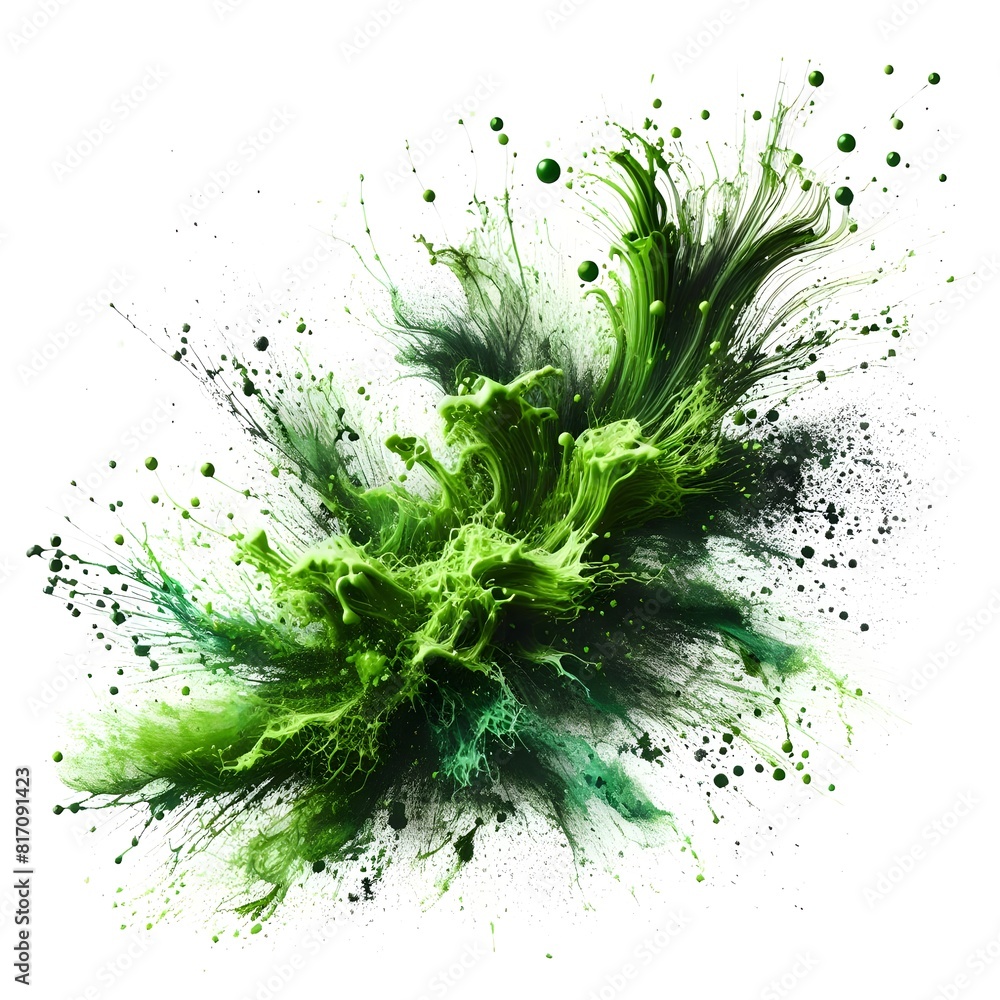 A vivid green paint splash explodes against a white background, creating a striking visual display of color and movement. A vivid green paint splash explodes against a white background, creating a striking visual display of color and movement.