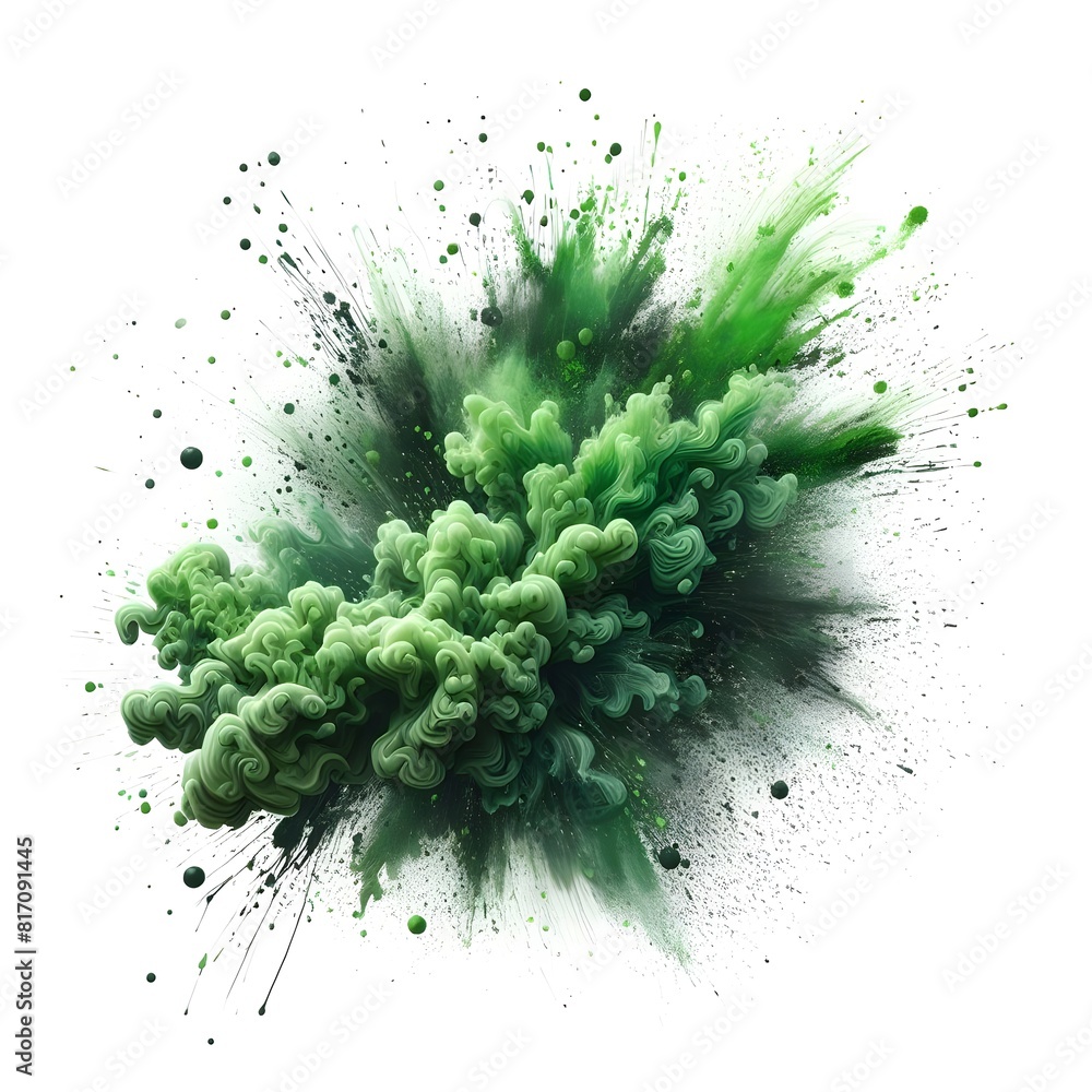 A vivid green paint splash explodes against a white background, creating a striking visual display of color and movement. A vivid green paint splash explodes against a white background, creating a striking visual display of color and movement.