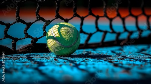 Tennis ball casting shadow on blue court by the net photo