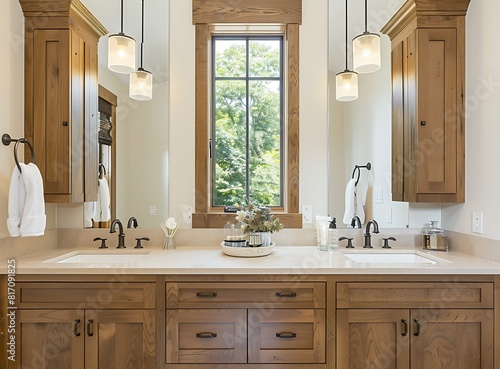 A large wooden vanity cabinet with double sink and cabinets above in the bathroom  