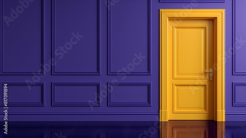 Modern yellow door against purple wall in stylish interior