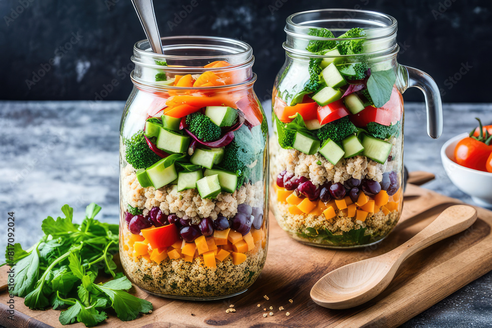 Healthy Homemade Mason Jar Salad with Quinoa and Vegetables - Healthy food, Diet, Detox, Clean Eating or Vegetarian concept Healthy Homemade Mason Jar Salad with Quinoa and Vegetables - Healthy food, Diet, Detox, Clean Eating or Vegetarian concept