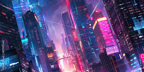 A cyberpunk cityscape  neon lights reflecting off towering buildings and information streaming through the air.