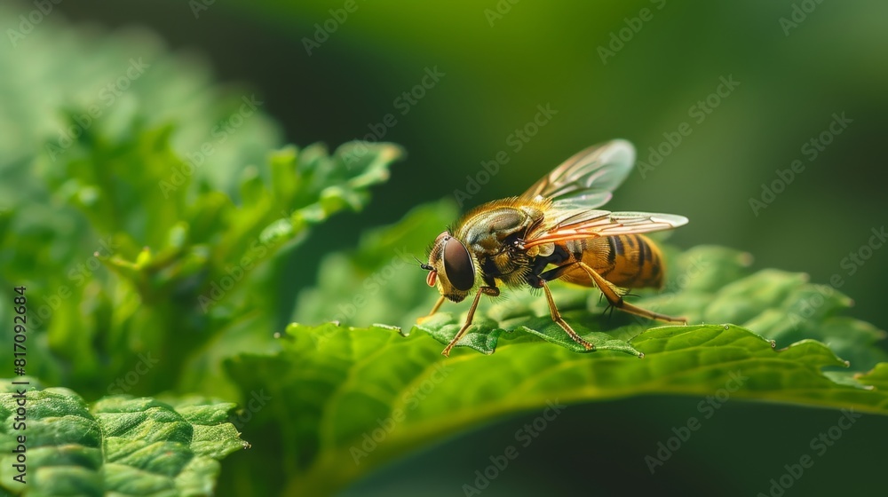 Hoverfly resting on a leaf, with its distinctive hovering behavior captured in a moment of stillness. Hoverfly resting on a leaf, with its distinctive hovering behavior captured in a moment of stillness.