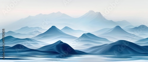 realistic water scenario with light navy and silver smooth curves on a mountains in the distance background